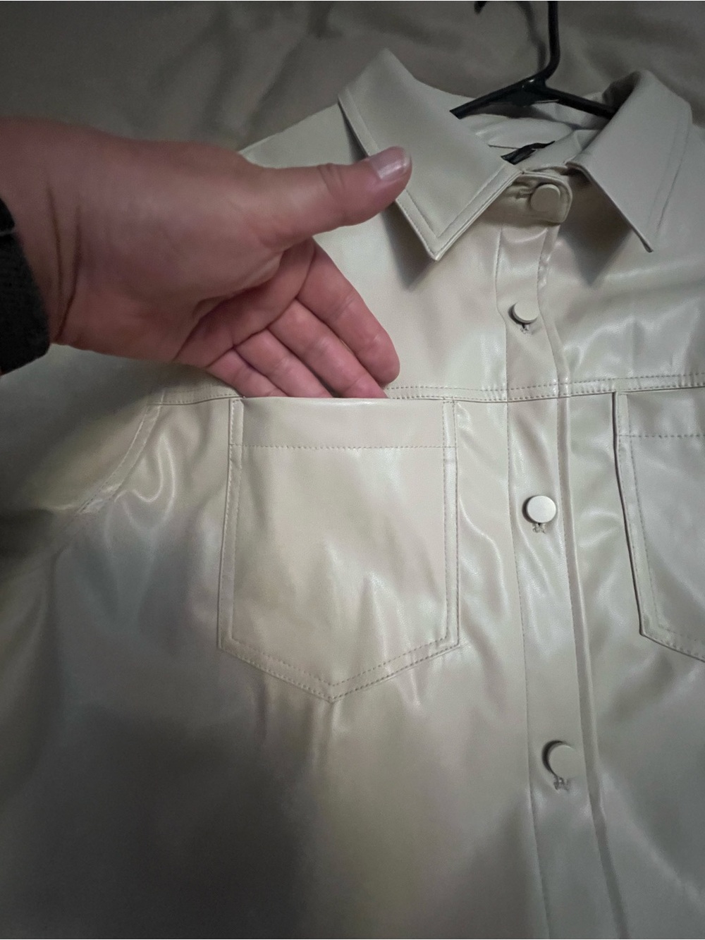 Cream Faux Leather Button Front Shirt Jacket - Picture 9 of 10